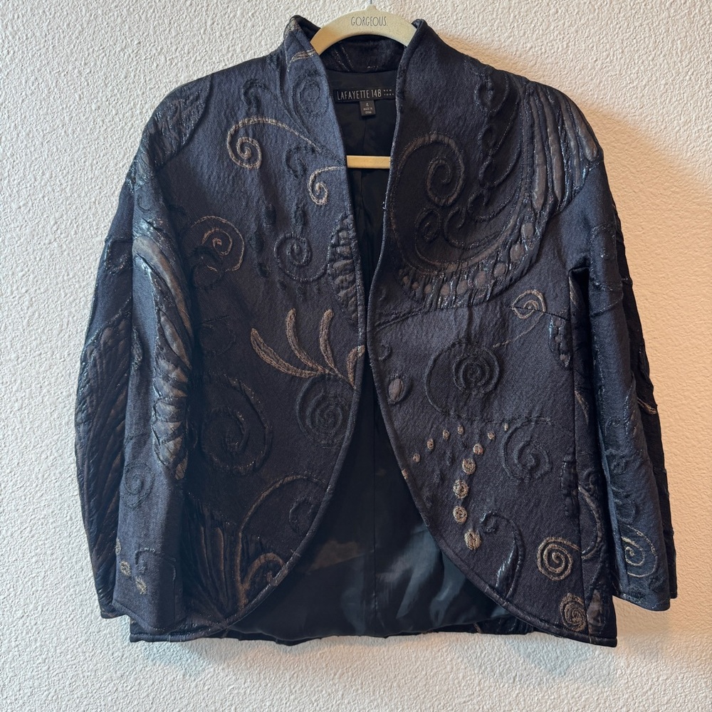 Lafayette 148 New York Jacquard Metallic Black Wool Silk Blend Blazer Size 4